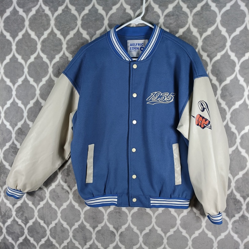 Aelfric Eden Varsity Jacket Mens Small Blue Cream Heart Graphic Streetwear 1965